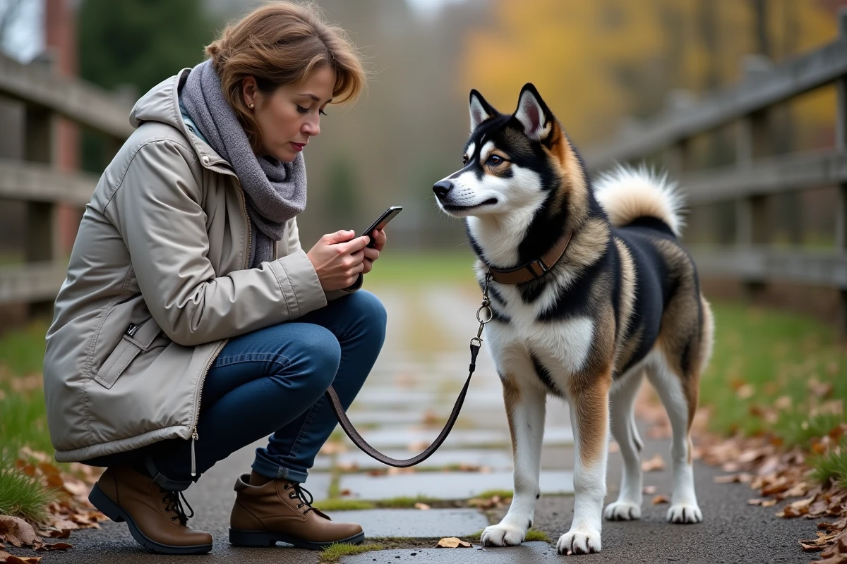 Femme avec un akita inu en extérieur regardant son smartphone