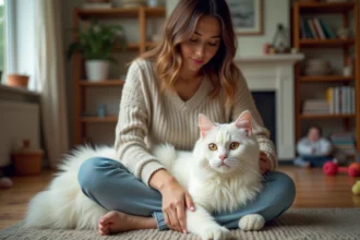 Jeune femme caressant un grand chat blanc dans un salon chaleureux