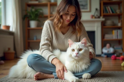 Jeune femme caressant un grand chat blanc dans un salon chaleureux