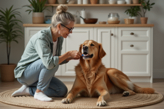 Femme brossant les dents de son chien dans une cuisine moderne