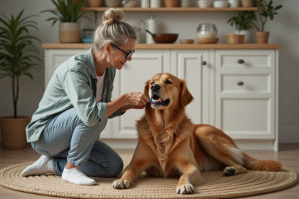 Femme brossant les dents de son chien dans une cuisine moderne