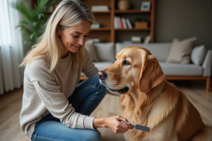 Femme caressant un retriever dans un salon chaleureux