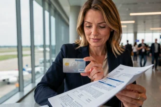 Femme en blazer tenant une carte Visa Premier dans un salon d'aéroport, avec des documents de voyage, illustrant les garanties d'assurance voyage incluses