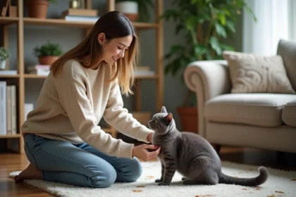 Jeune femme caressant un chat gris dans un intérieur cosy