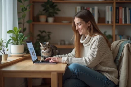 Jeune femme souriante avec chat et ordinateur portable