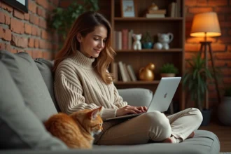 Jeune femme avec un chat roux sur un canapé consultant un site web dédié aux amoureux des chats