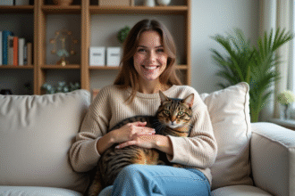 Jeune femme avec chat sur ses genoux dans un salon lumineux