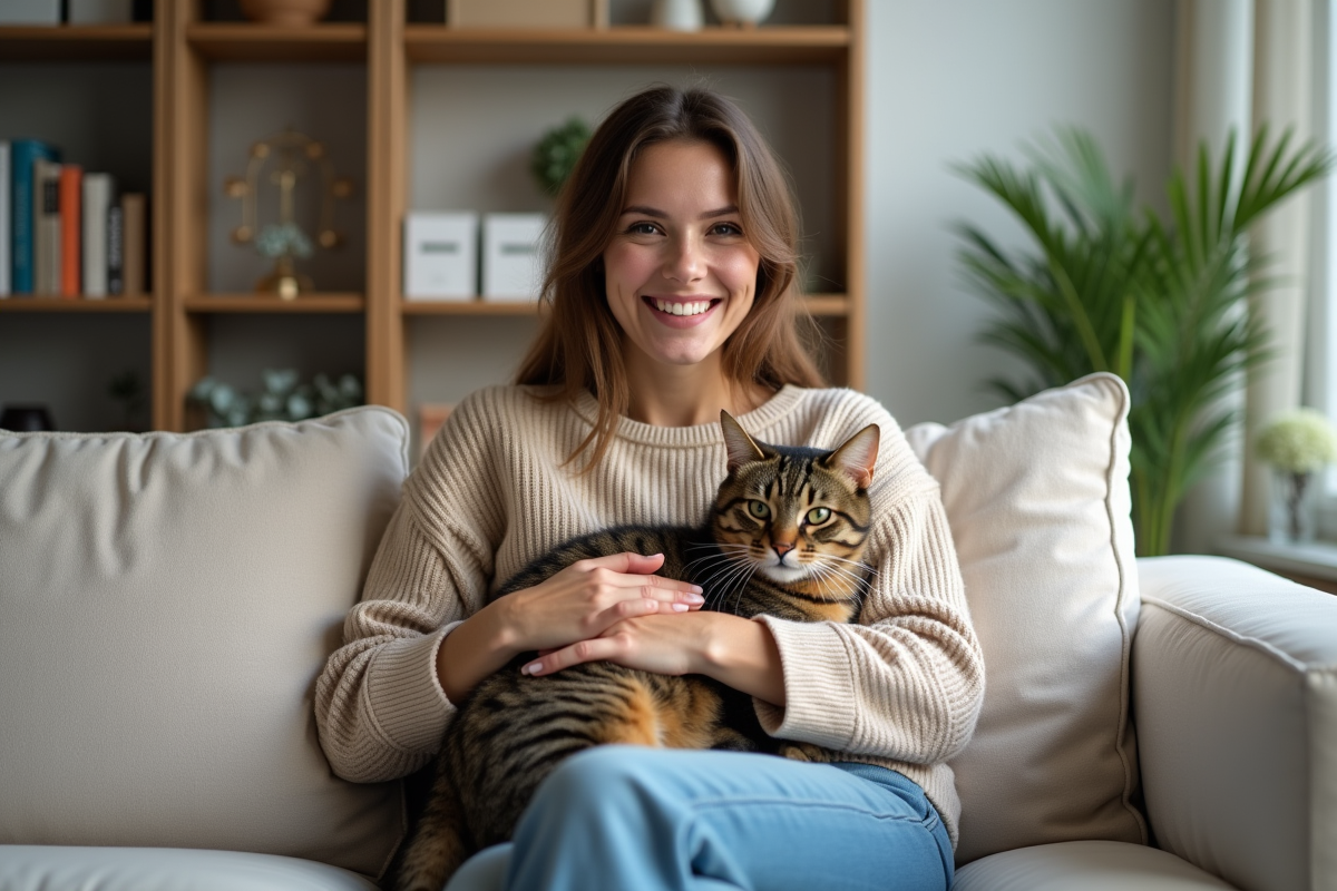 Jeune femme avec chat sur ses genoux dans un salon lumineux