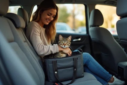 Jeune femme plaçant un chat dans un sac de transport dans la voiture