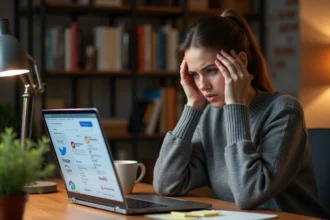 Femme frustrée cherchant le vrai chat Chéri FM parmi de faux sites de chat en ligne sur son ordinateur portable