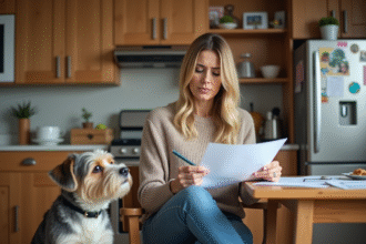 Femme préoccupée avec son chien et documents d'assurance