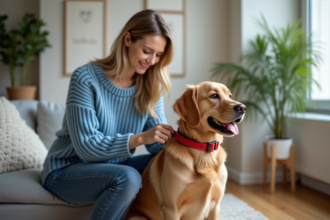Jeune femme ajustant le collier rouge de son chien dans un salon lumineux