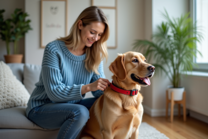 Jeune femme ajustant le collier rouge de son chien dans un salon lumineux