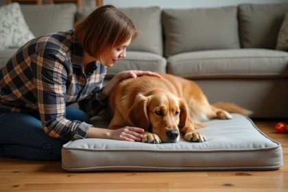 Femme encourage son chien sur un coussin confortable
