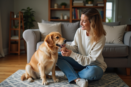 Femme avec son chien en intérieur chaleureux