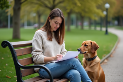 Femme et chien lisant des documents dans un parc