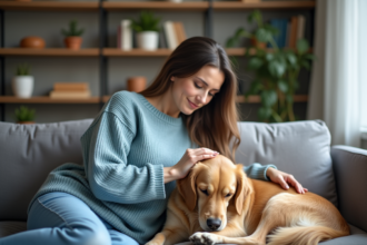 Femme en pull bleu caressant un golden retriever sur un canapé