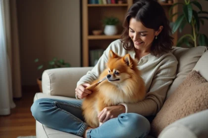 Femme caressant un petit chien chihuahua en intérieur