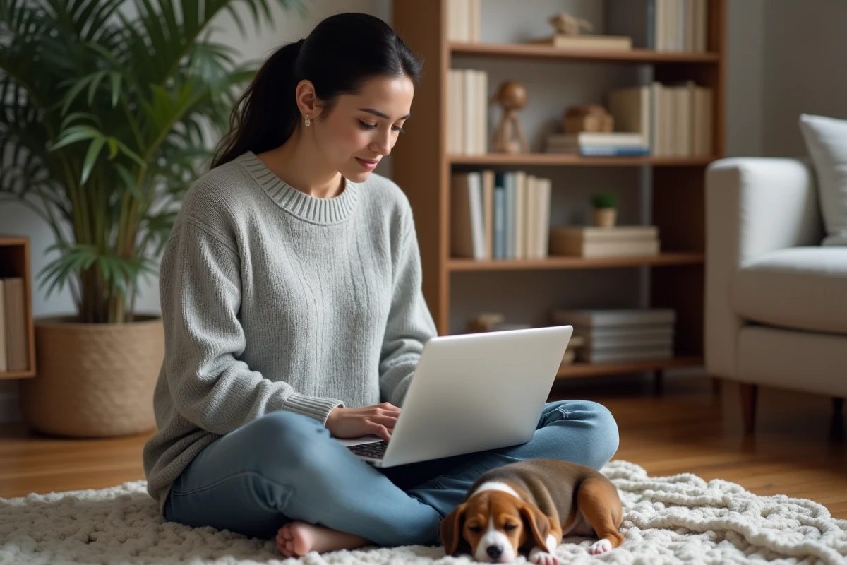 Jeune femme comparant des offres d'assurance animaux sur son ordinateur portable avec son chiot beagle, pour couvrir les frais vétérinaires imprévus