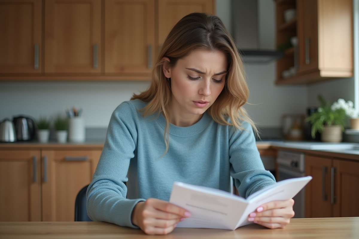 Femme préoccupée lisant une notice de médicament à la maison