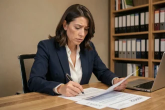 Femme examinant attentivement un contrat d'assurance emprunteur à son bureau à domicile