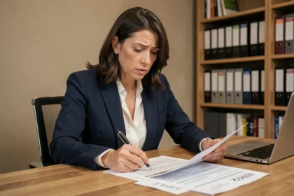 Femme examinant attentivement un contrat d'assurance emprunteur à son bureau à domicile