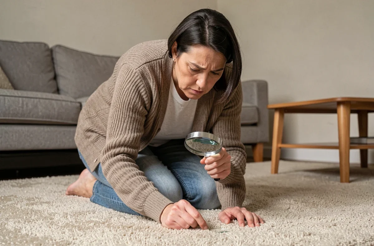 Femme inspectant un tapis avec une loupe pour détecter des crottes de puces dans un salon domestique