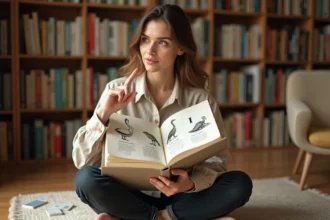 Femme feuilletant un dictionnaire illustré bilingue français-anglais ouvert sur des animaux en I comme ibis et iguane