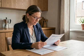 Femme de 40 ans examinant des documents de mutuelle santé à sa table de cuisine