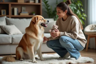 Femme et chien avec jouet dans salon moderne