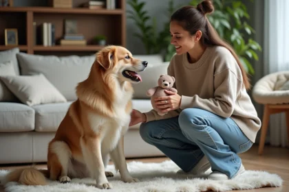 Femme et chien avec jouet dans salon moderne