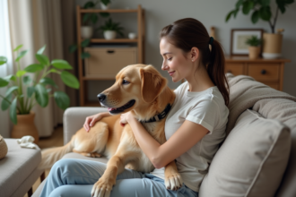 Femme réconfortant son chien golden retriever après chirurgie