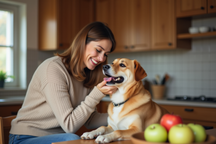 Femme caressant son chien en inspectant ses dents dans la cuisine