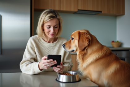 Femme donnant une tablette à son chien dans une cuisine moderne