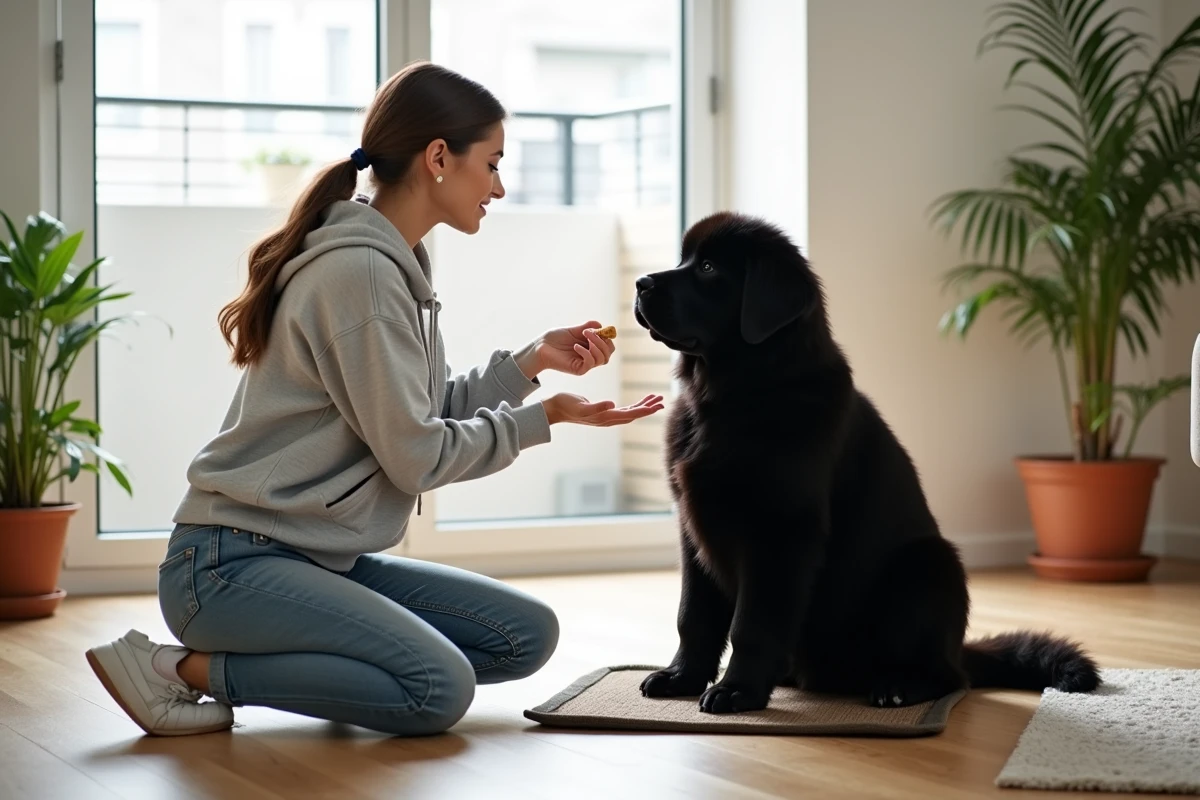 Jeune femme récompensant son chiot Terre Neuve lors d'un apprentissage de la propreté à l'intérieur