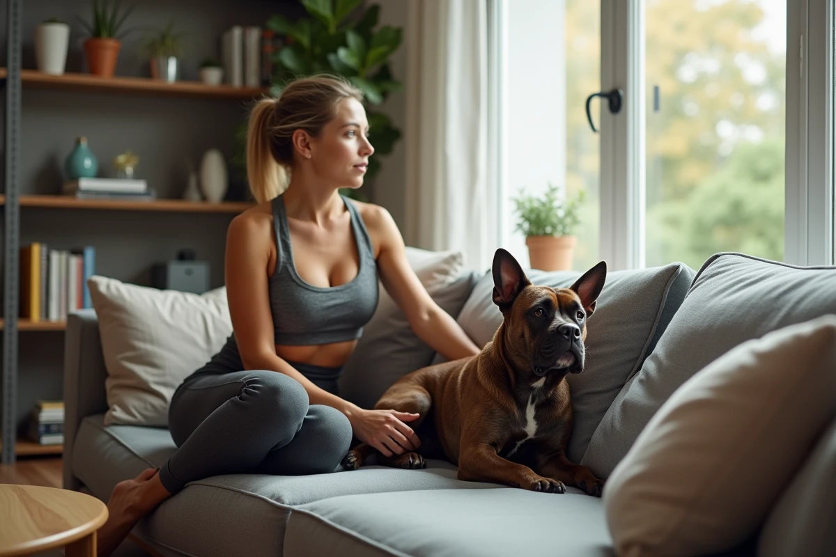 Femme et staffordshire bull terrier dans un salon cosy