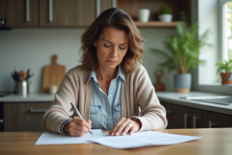 Femme remplissant un rapport d'accident à la maison