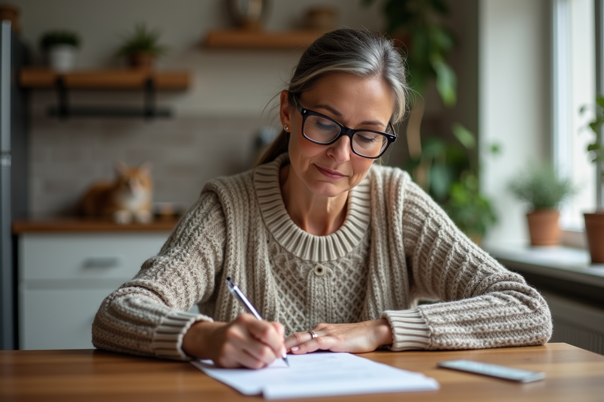 Femme d'âge moyen remplissant formulaires vétérinaires à la maison