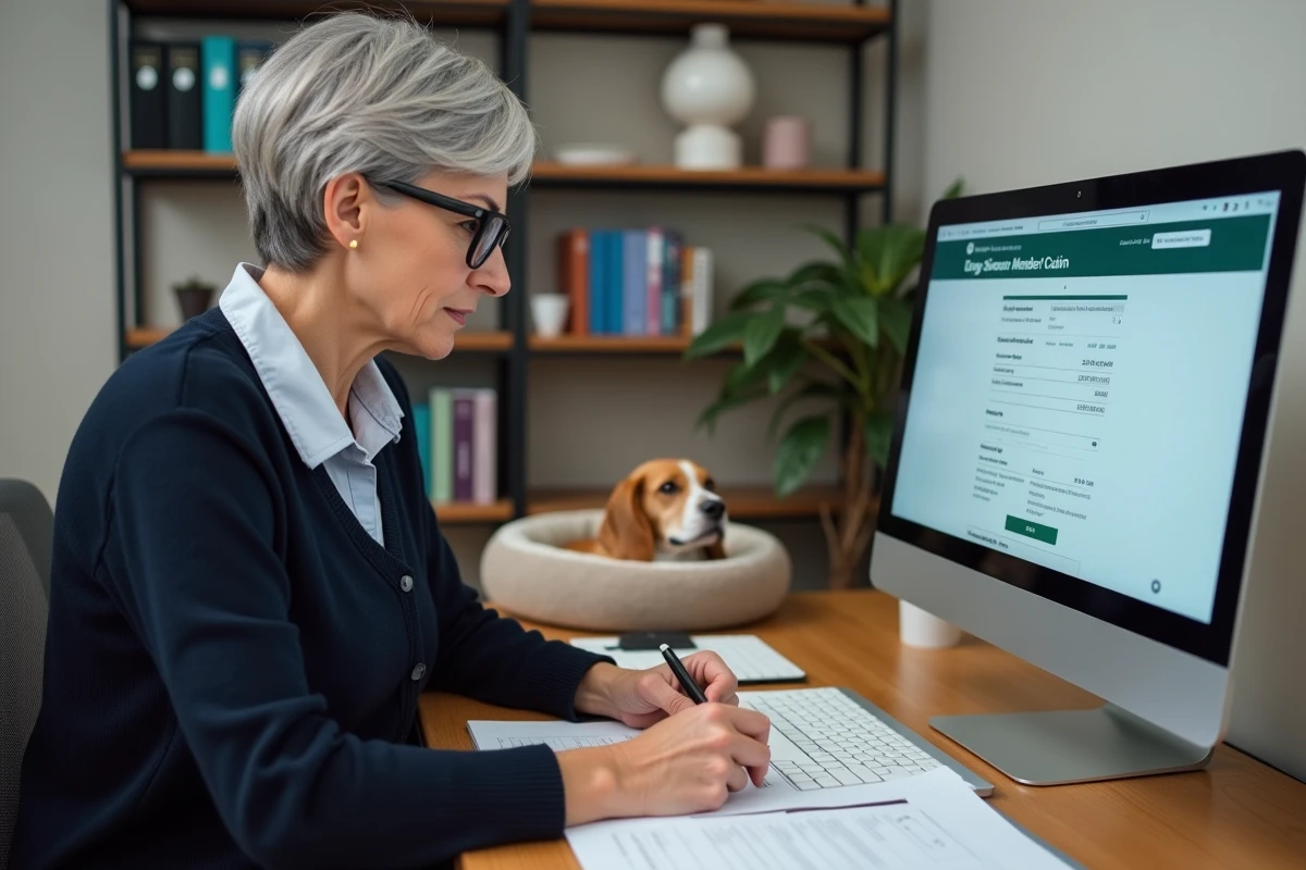 Femme senior remplissant un formulaire de remboursement Assur O'Poil à son bureau avec un chien en arrière-plan