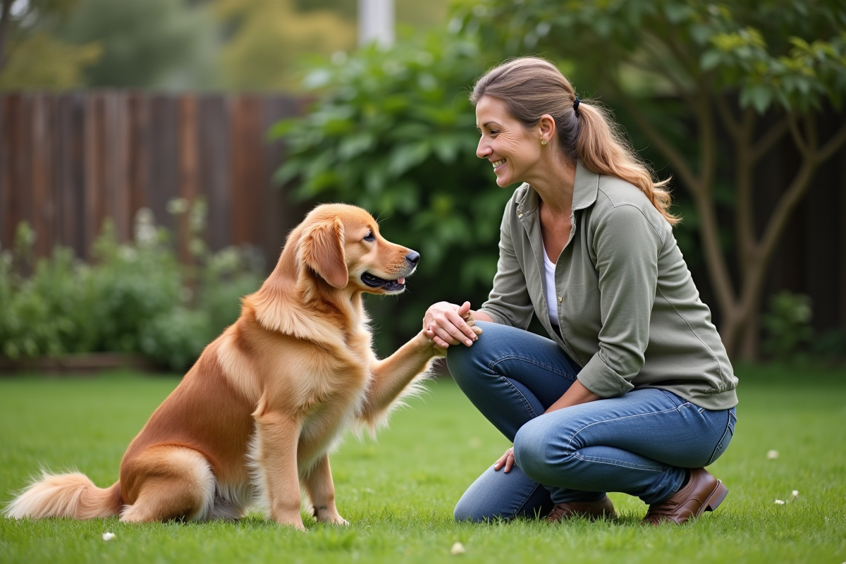 Femme dans le jardin caressant un golden retriever