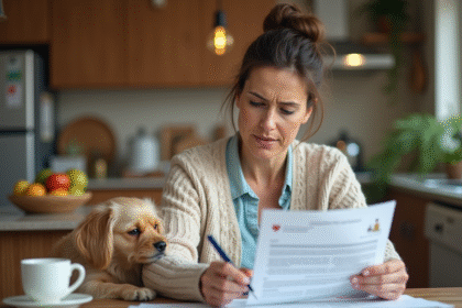 Femme lisant des documents d'assurance pour animaux avec son chien