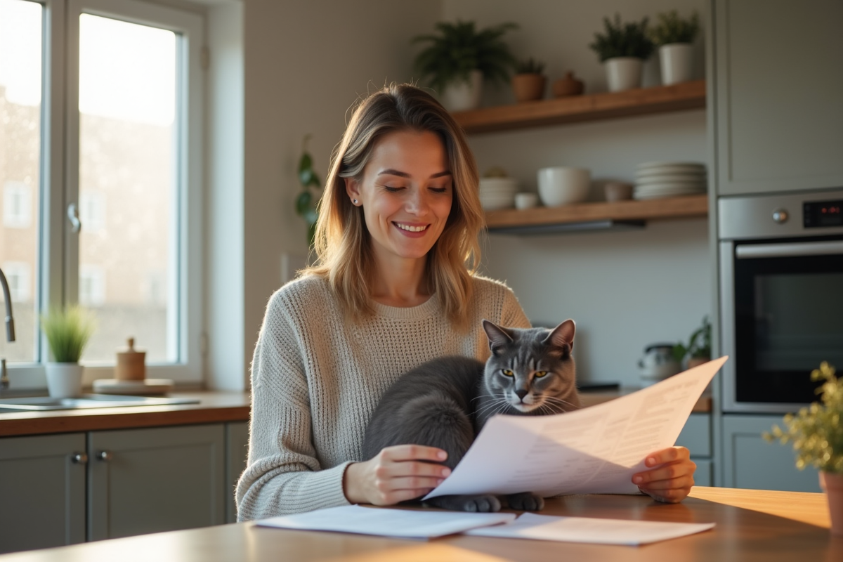 Jeune femme lisant des documents d'assurance avec son chat gris