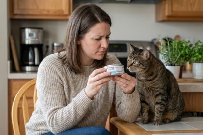 Femme examine une boîte de nourriture pour chat dans une cuisine lumineuse
