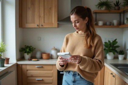 Femme lisant un vermifuge dans une cuisine chaleureuse