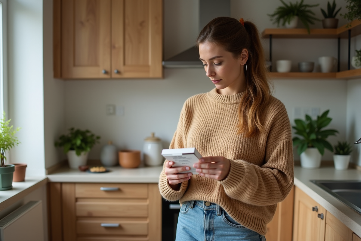 Femme lisant un vermifuge dans une cuisine chaleureuse