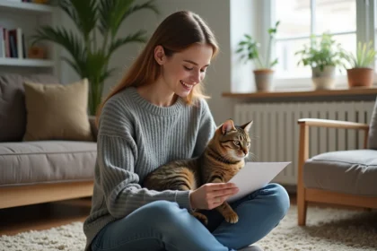 Jeune femme lisant une brochure d'assurance pour animaux