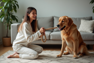 Jeune femme en loungewear joue avec un chien golden retriever
