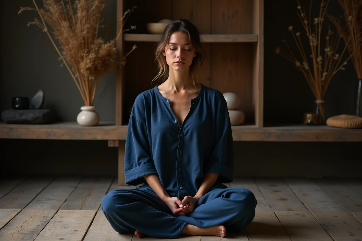 Femme en méditation avec une figurine de chauve-souris symbolisant la transformation intérieure et le renouveau spirituel