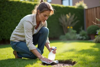 Femme en extérieur nettoyant une tache de boue dans le jardin