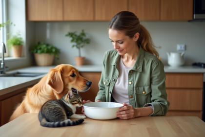 Femme remplissant un bol d'eau pour ses animaux dans la cuisine